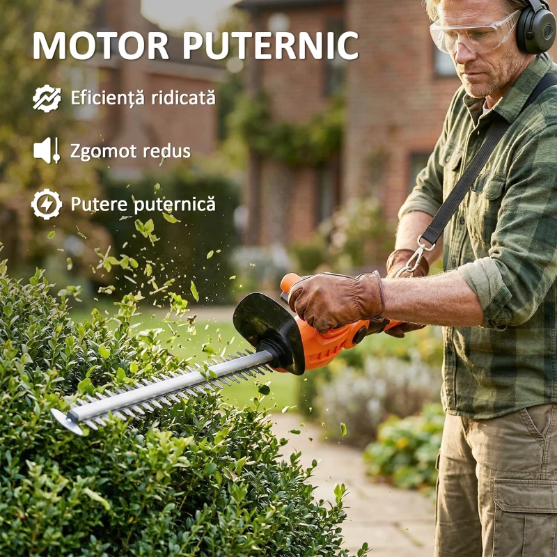 Outsunny Trimmer pentru Gard Viu pe Baterie 18V, Trimmer pentru Grădină cu 2 Baterii de 4Ah, Încărcător, Târnă Telescopică Reglabilă din Aluminiu, Lamă Cu Acțiune Dublă de 51cm pentru Ramuri, Portocaliu