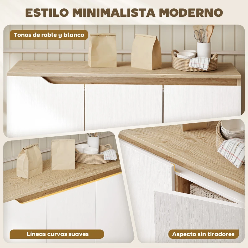 HOMCOM Aparador de Salón con 3 Puertas Estantes Ajustables Patas de Madera para Cocina Entrada 107x35x76,5 cm Roble y Blanco