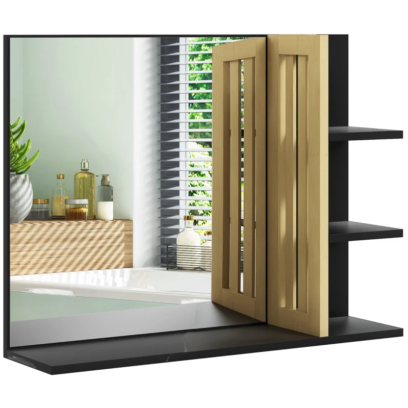 HOMCOM Oglindă de Baie Modernă de Perete cu 4 Rafturi din Lemn, 45x15x58.5cm, Negru
