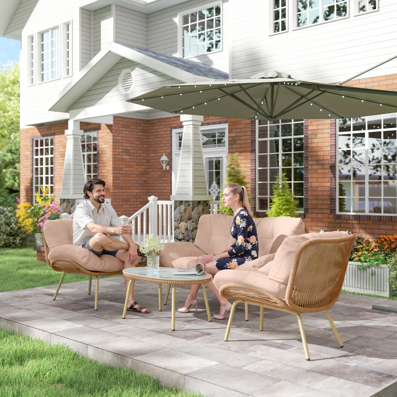 Outsunny Salon de Jardin 4 Pièces en Résine Tressée Coussin 12 cm Ultra Épais Canapé 138 cm 2 Fauteuils et Table Basse Beige