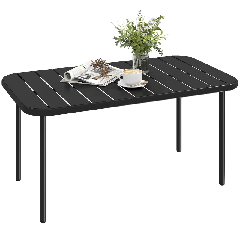 Outsunny Table Basse de Jardin en Acier Galvanisé, Plateau à Lattes, Table Rectangulaire aux Angles Arrondis, 90x50x43cm, Noir