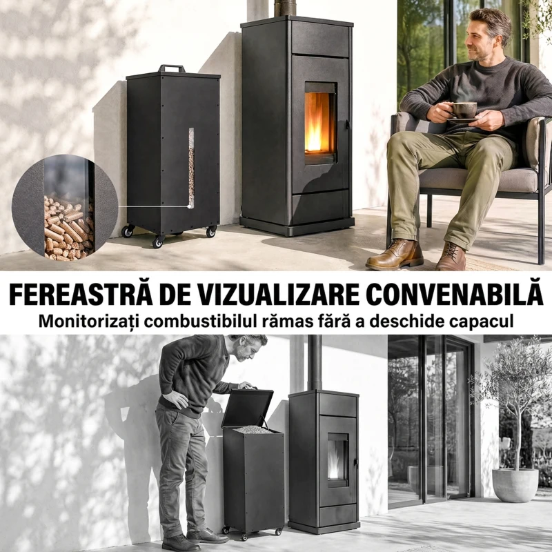 Outsunny Container pentru Peleți 45 Kg cu Roți, Capac, Fereastră și Sită, Negru