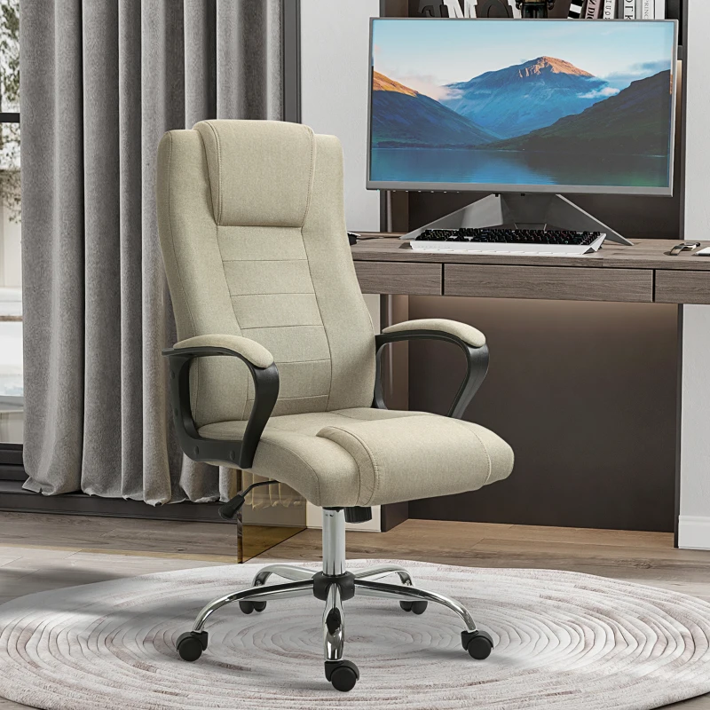 Vinsetto Scaun de Birou Ergonomic, Rotativ și Înclinabil, din Țesătură cu Aspect de In, cu Tetieră, Bej