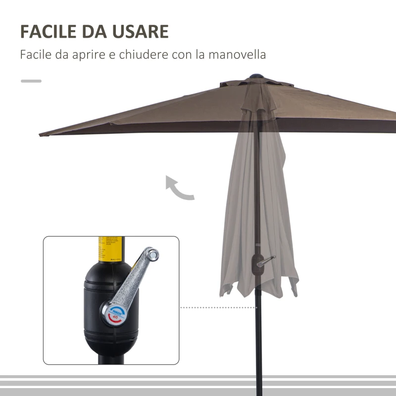 Outsunny Ombrellone da Parete Mezzaluna Salvaspazio con Apertura a Manovella, Caffè