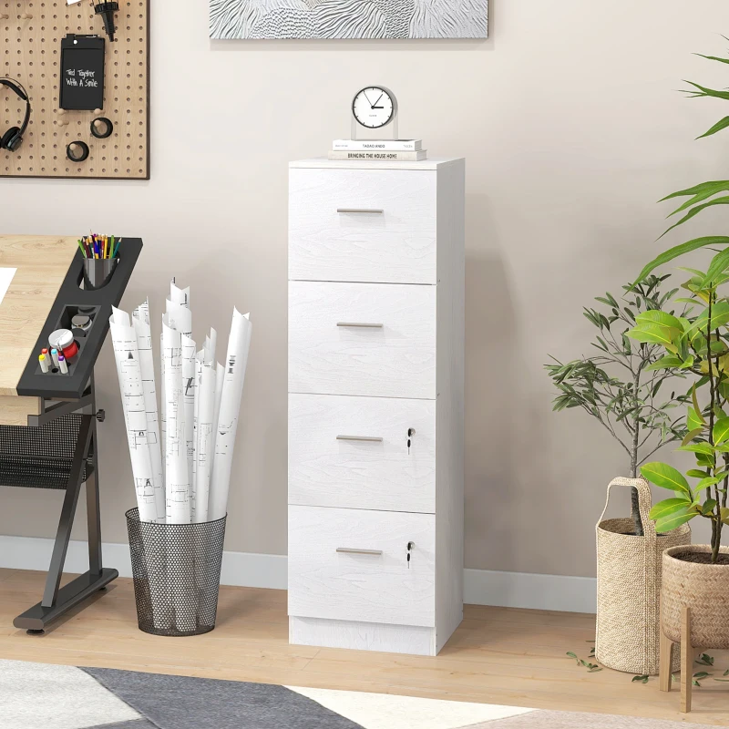 HOMCOM Armadio per Ufficio a 4 Cassetti con 2 Serrature e Barra Portadocumenti, in Legno, 40x42x130.8 cm, Bianco