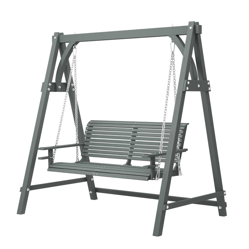 Outsunny 2 Seater Garden Swing Seat, Wooden Swing Chair Bench with Cup Holders for Outdoor Porch Patio, Grey