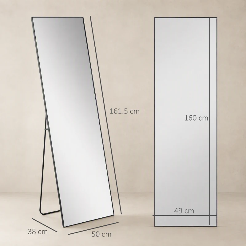 HOMCOM Full Length Mirror, Aluminium Alloy Framed Full Body Mirror with Tempered Glass, Standing or Wall Hanging, Black