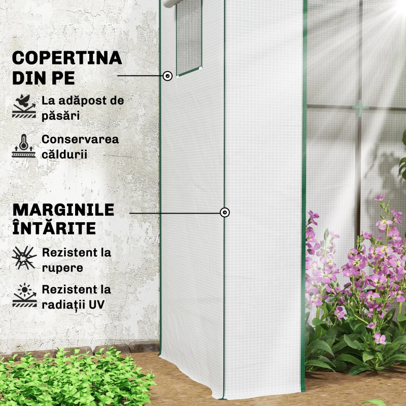 Outsunny Sera de Grădină cu Acoperiș Înclinat, 2 Ferestre și Ușă Rulabilă, Sera pentru Grădină cu Structură din Oțel, Acoperiș din PE Anti-UV, pentru Grădină, Legume, Flori, Plante, 196x77x197 cm, Alb