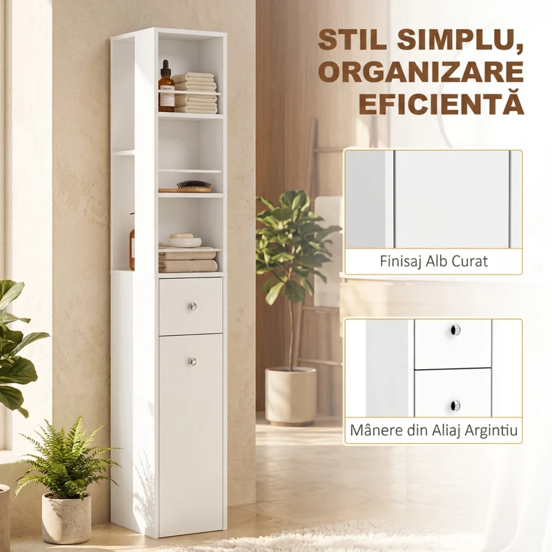 HOMCOM Dulap de Baie Înalt și Îngust cu 2 Sertare, 135 cm, Alb