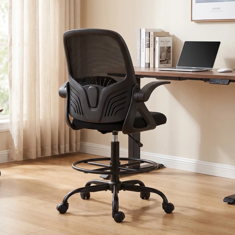 HOMCOM Scaun de Birou Ergonomic din Plasă, cu Suport Lombar și Suport pentru Picioare Reglabil, Cotiere Rabatabile, Negru