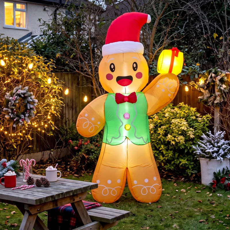 Outsunny Om din Turtă Dulce Gonflabil de Crăciun 2,5 m cu LED-uri, cutie cadou și ventilator, pentru interior și exterior