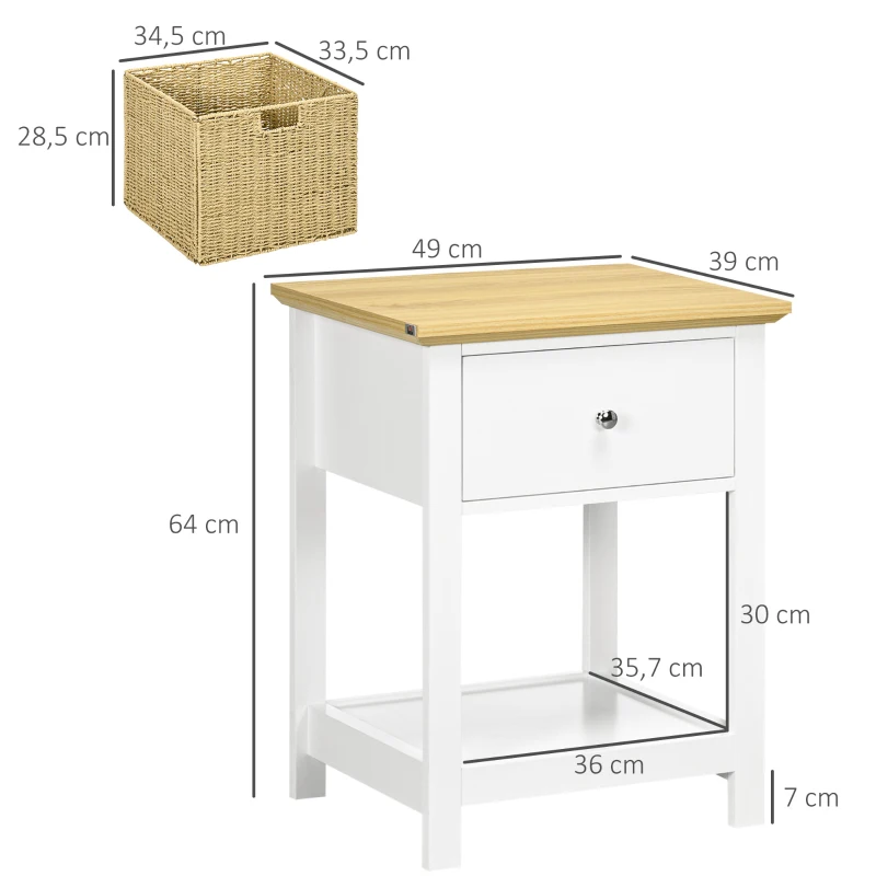 HOMCOM Mesita de Noche con Cajón y Cesta de Ratán Plegable Mesa Auxiliar para Salón Dormitorio 49x39x64 cm Blanco y Natural