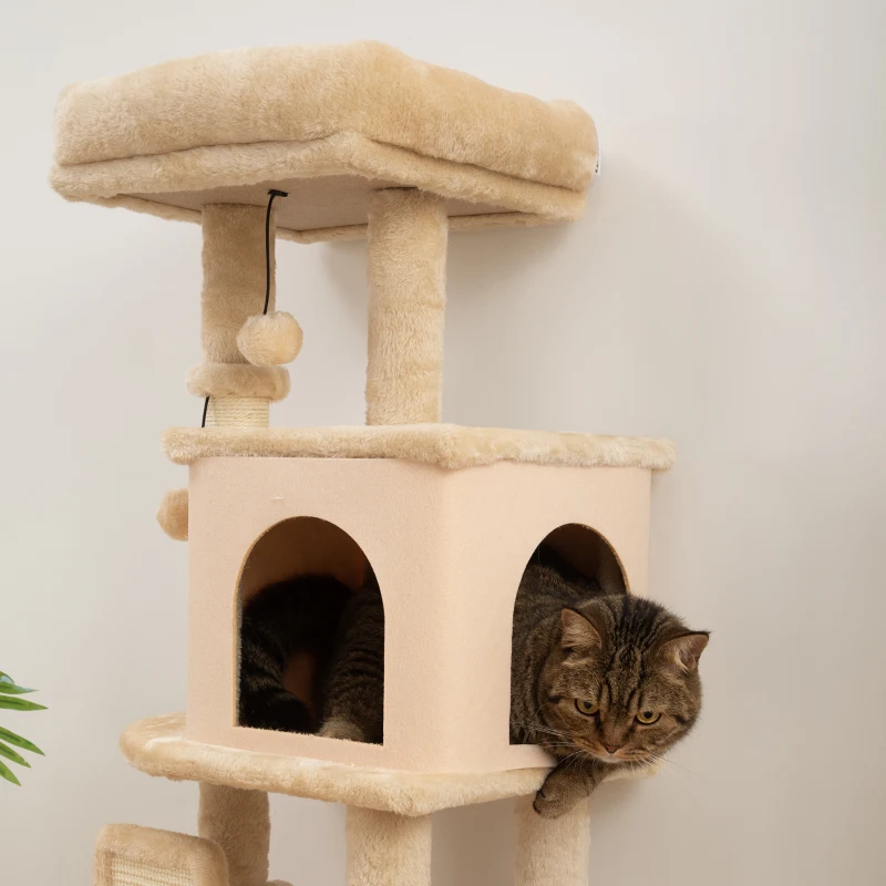 PawHut Albero per Gatti Multilivello Alto 104 cm con Casetta, Lettino, Pali Tiragraffi, Spazzola e Pallina, Beige