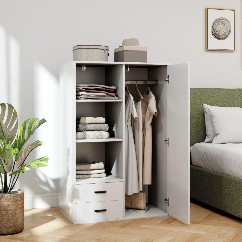 HOMCOM Armadio Moderno con 2 Cassetti, Ripiani Aperti e Vano Appendiabiti, 80x50x124 cm, Bianco