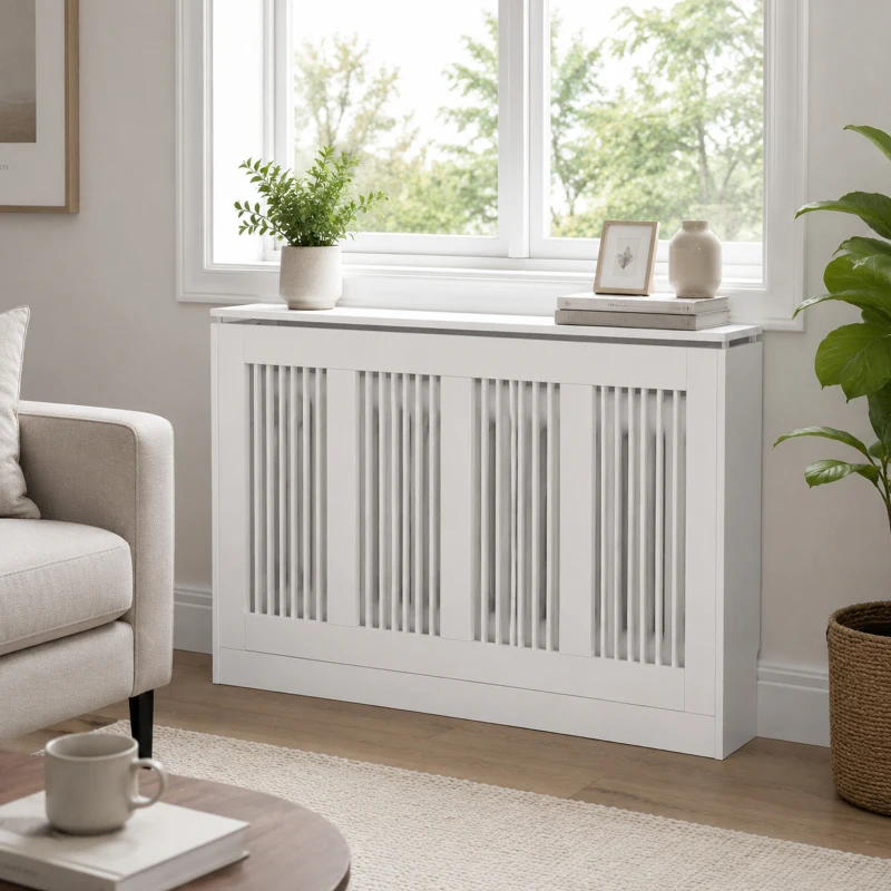 HOMCOM Cobertura para Radiador em MDF com Ripas e Prateleira para Sala e Quarto 120x18x84 cm Branco