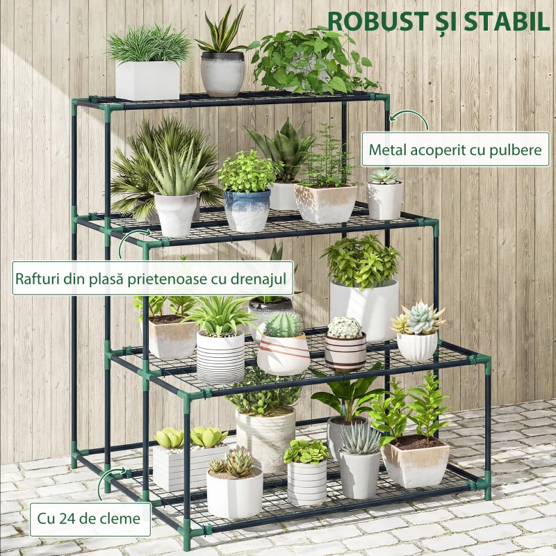 Outsunny Raft Suport Plante cu 4 Niveluri din Oțel, 94x84x110 cm, Verde Închis