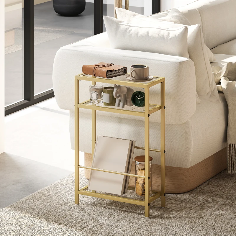 HOMCOM 3-Tier Side Table, Narrow End Table with Storage Shelf and Tempered Glass Tabletop for Small Spaces, Bedroom, Living Room, Entryway, Gold Tone