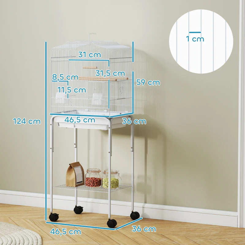 PawHut Jaula para Pájaros con Ruedas Estante Puertas 2 Comederos 2 Perchas Columpio Bandeja Extraíble 46,5x36x124 cm Blanco