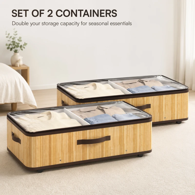 HOMCOM 60L Under Bed Storage with Wheels Pack of 2, Underbed Storage Box with Clear Lid Cover and Reinforced Handle, Natural