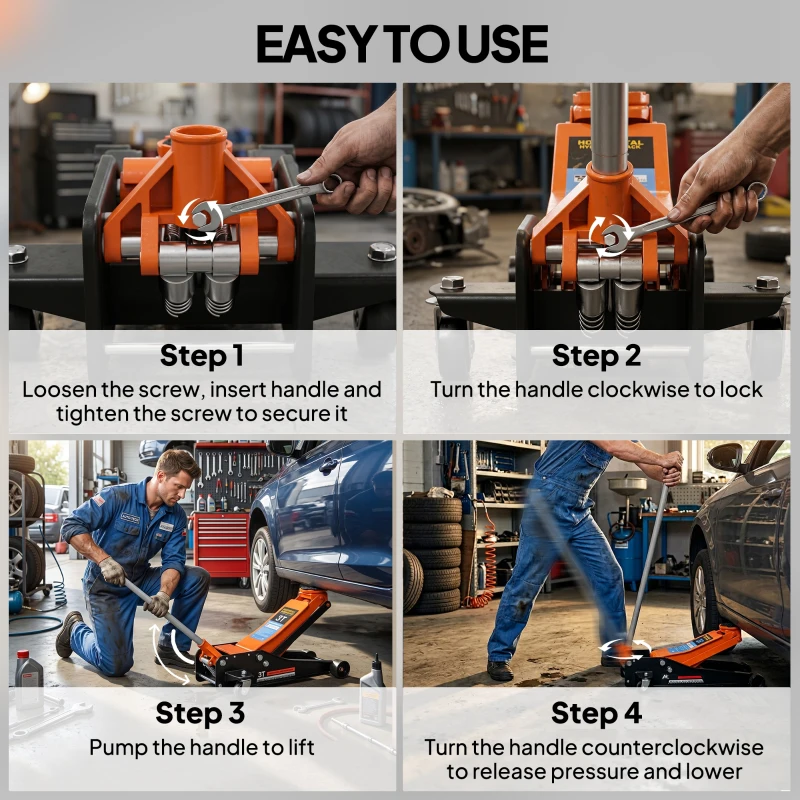 HOMCOM 3 Ton Hydraulic Low-Profile Floor Jack, with 7.5-50.5cm Lifting Range, Wheels, Orange