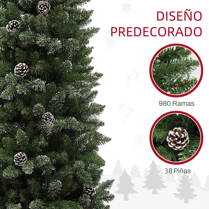 HOMCOM Árbol de Navidad Artificial 225 cm con 980 Ramas 38 Piñas y Soporte de Metal Árbol Navideño para Salón Interior Verde