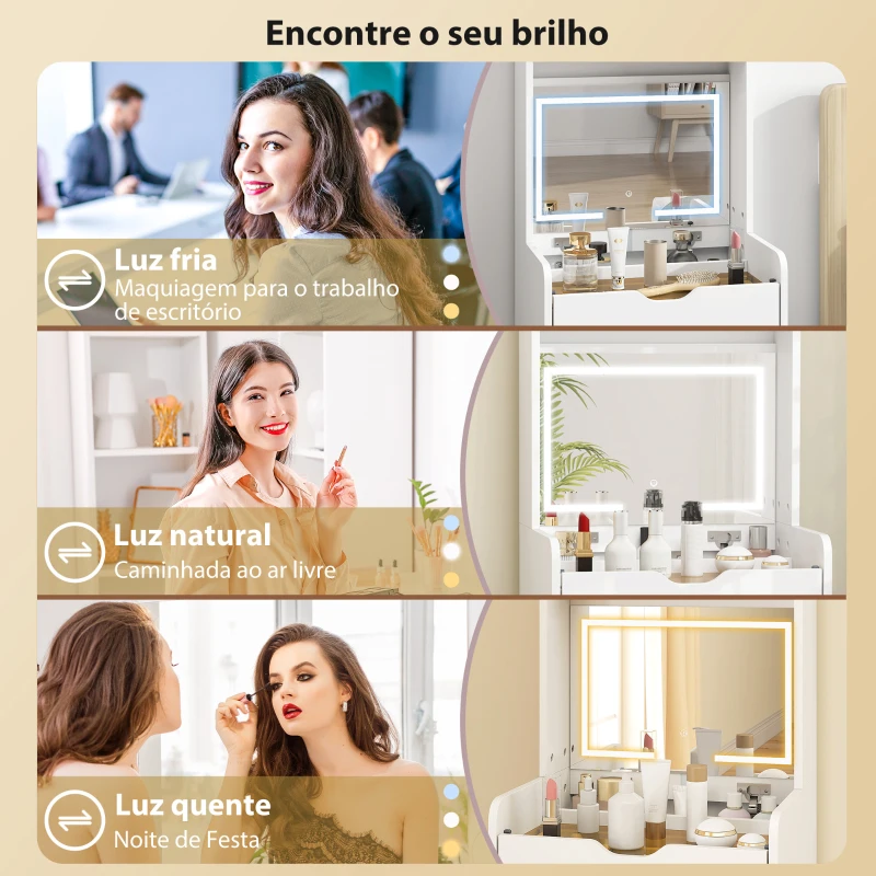 HOMCOM Toucador de Maquilhagem com Luzes LED de 3 Cores Espelho Rebatível e Banco Acolchoado 50x40x160 cm Branco