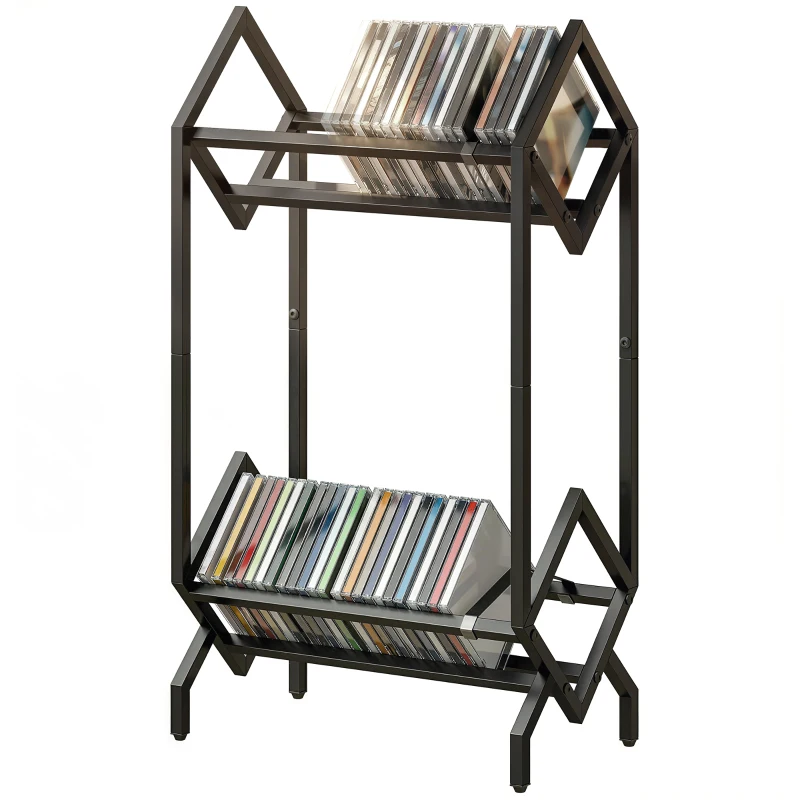 HOMCOM Organizator CD-uri pentru 50 CD-uri, Organizator Viniluri 2 Niveluri din Metal pentru DVD-uri, Cărți, Albume, Negru