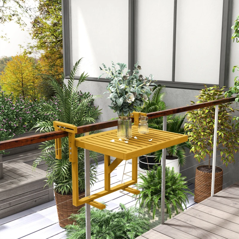 Outsunny Tavolino da Ringhiera per Balcone Pieghevole e Regolabile in Legno, Colore Legno