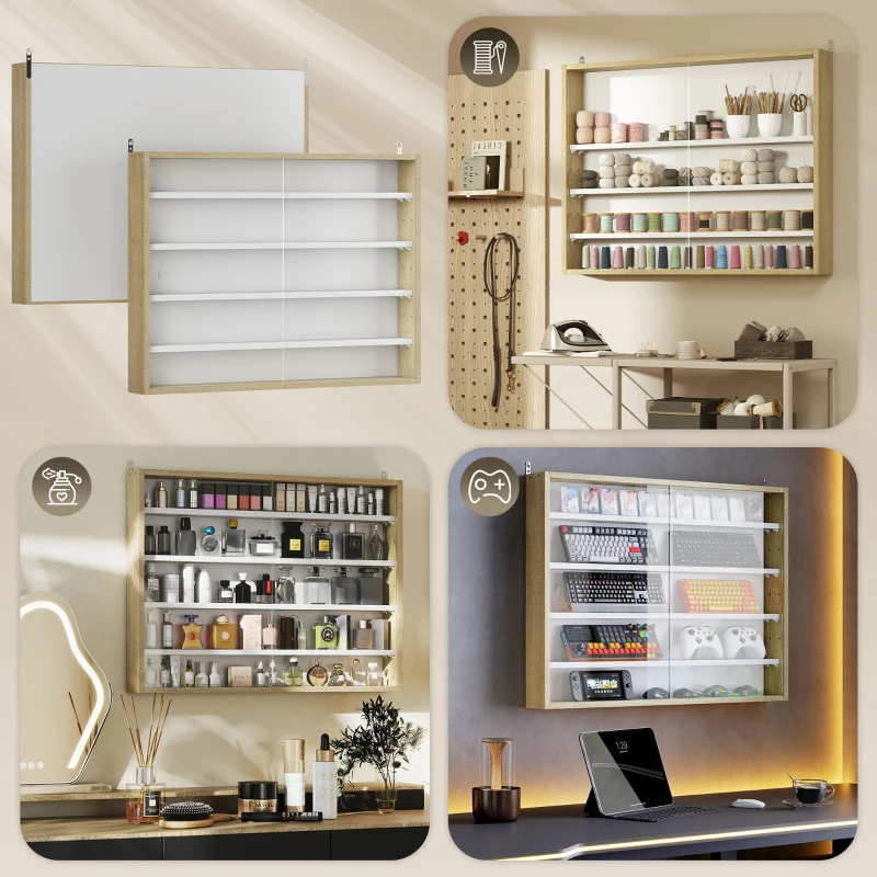 HOMCOM Bacheca Portaoggetti a 4 Ripiani Regolabili in Legno con Ante in Vetro, 80x9.5x60 cm, Bianco e color Legno