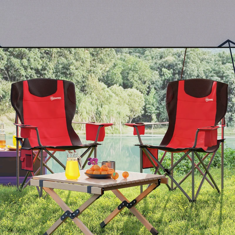 Outsunny Set 2 Sedie da Campeggio Pieghevoli con Borsa Frigo, Portabicchieri e 2 Tasche, 94x62x100 cm, Rosso