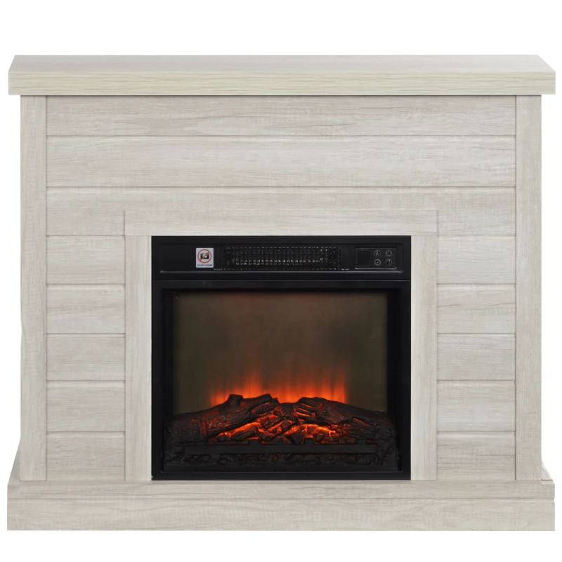 HOMCOM Camino Elettrico 1800W con Effetto Fiamma e Telecomando, in Legno, Metallo e Vetro, 96.5x22x81.7 cm, Grigio Chiaro