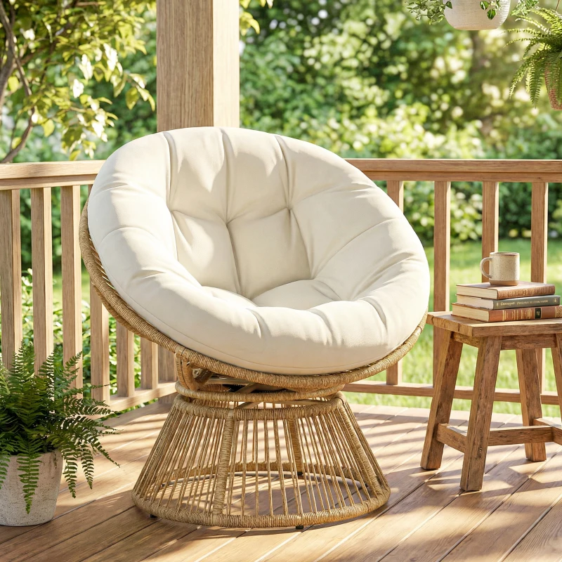 Outsunny Poltrona Papasan Rattan 360° Moon Chair con Cuscino Interni/Esterni, Bianco Crema
