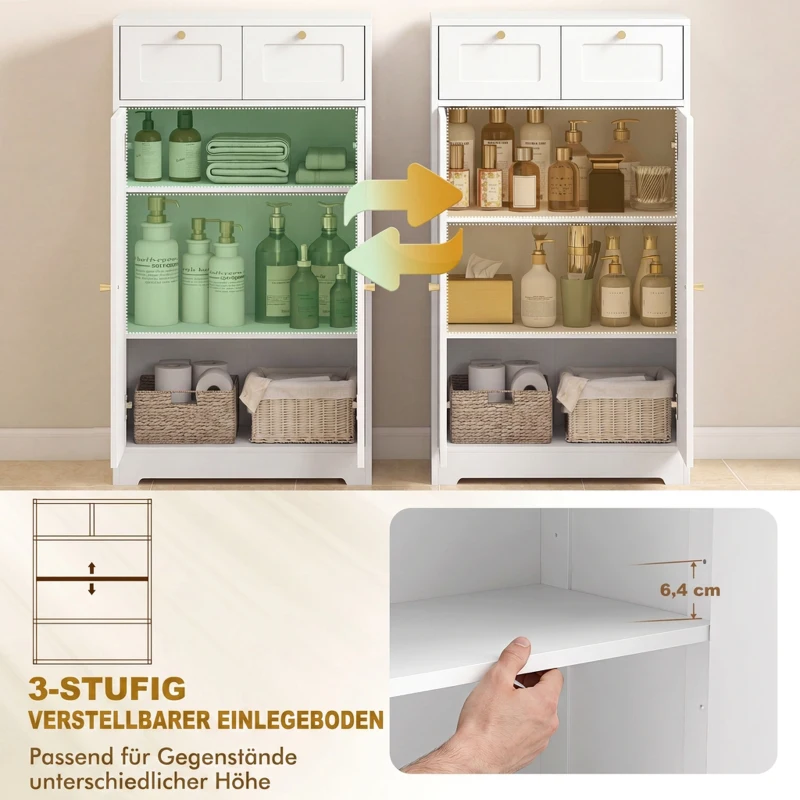 HOMCOM Smalle badkamerkast met 2 laden en verstelbare legplank, 60 x 30 x 108 cm, wit