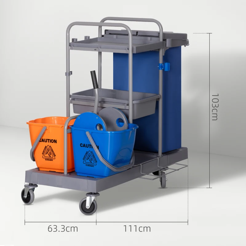 HOMCOM Căruț de curățenie cu 3 rafturi, sac pentru gunoi și storcător, 111x63.3x103 cm, gri-albastru și portocaliu