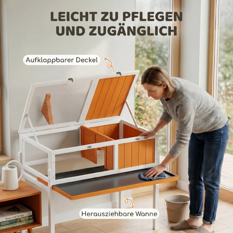 PawHut Houten schildpaddenhuis met hoofdruimte, zichtvenster, deksel, 104 x 53 x 82 cm, wit/oranje