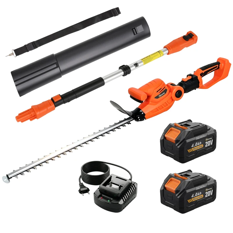 Outsunny Trimmer pentru Gard Viu pe Baterie 18V, Trimmer pentru Grădină cu 2 Baterii de 4Ah, Încărcător, Târnă Telescopică Reglabilă din Aluminiu, Lamă Cu Acțiune Dublă de 51cm pentru Ramuri, Portocaliu