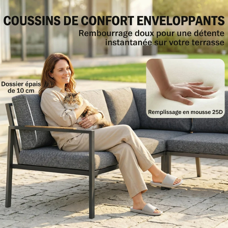 Outsunny Salon de Jardin Extérieur 3 Pièces 5 Personnes, 2 Canapés avec Coussins Épais, 1 Table Basse, 183x183x72cm, Gris Foncé