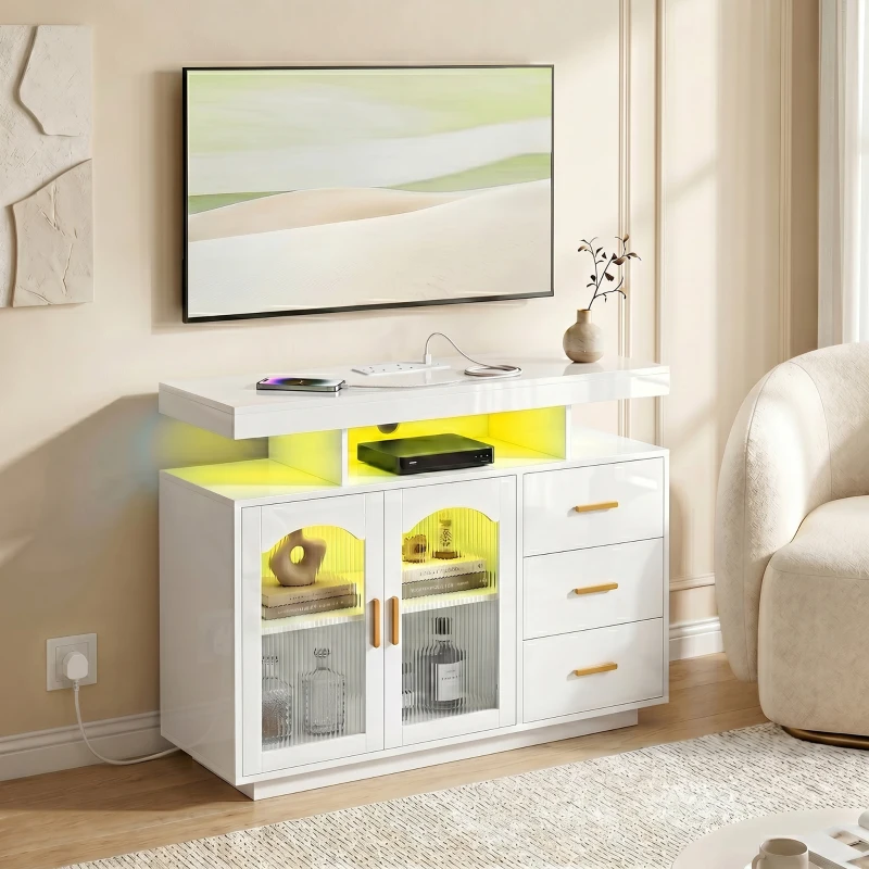 HOMCOM High Gloss Sideboard with LED Lights, Built-in Power Outlets, 3 Drawers, Shelves and 2 Acrylic Doors, White