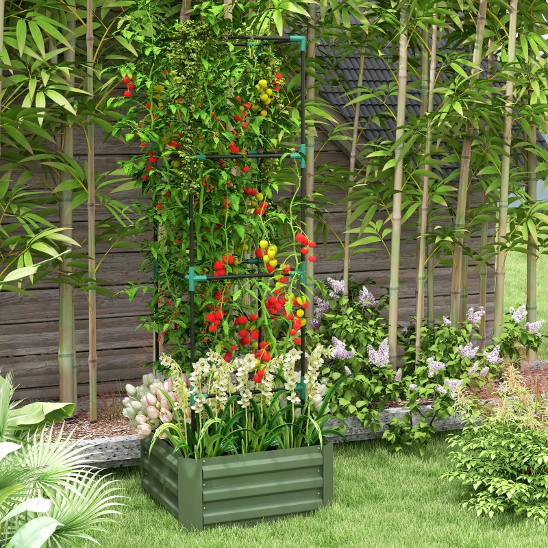 Outsunny Jardinière avec treillis ajustable, bac à fleurs avec cage à tomates acier galvanisé 61 x 61 x 187 cm vert