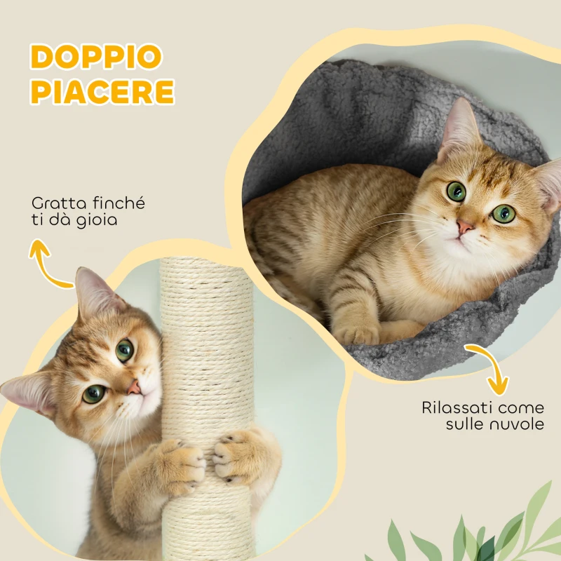 PawHut Albero per Gatti a Soffitto Alto 220-240 cm con Amaca, Casetta, Piattaforme a Fiore e Pali in Sisal, Grigio
