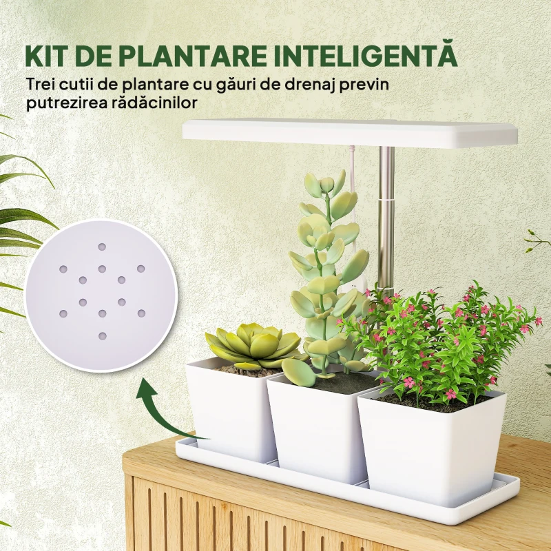 Outsunny Lămpi pentru Plante cu 30 de Lumini LED, 3 Ghivece, Temporizator și Iluminare Reglabilă, 31,8x13,4x18,6-35,6 cm, Alb