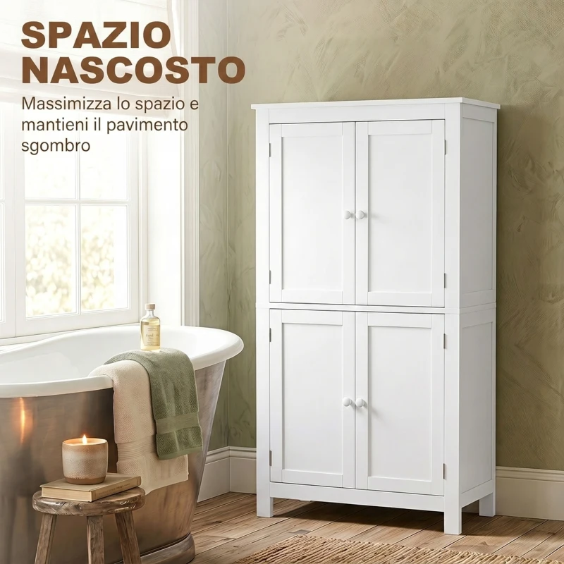 HOMCOM Mobile Bagno con 4 Ante e Ripiani Regolabili, per Lavanderia Salotto Soggiorno Cucina, 60x30x110 cm, Bianco
