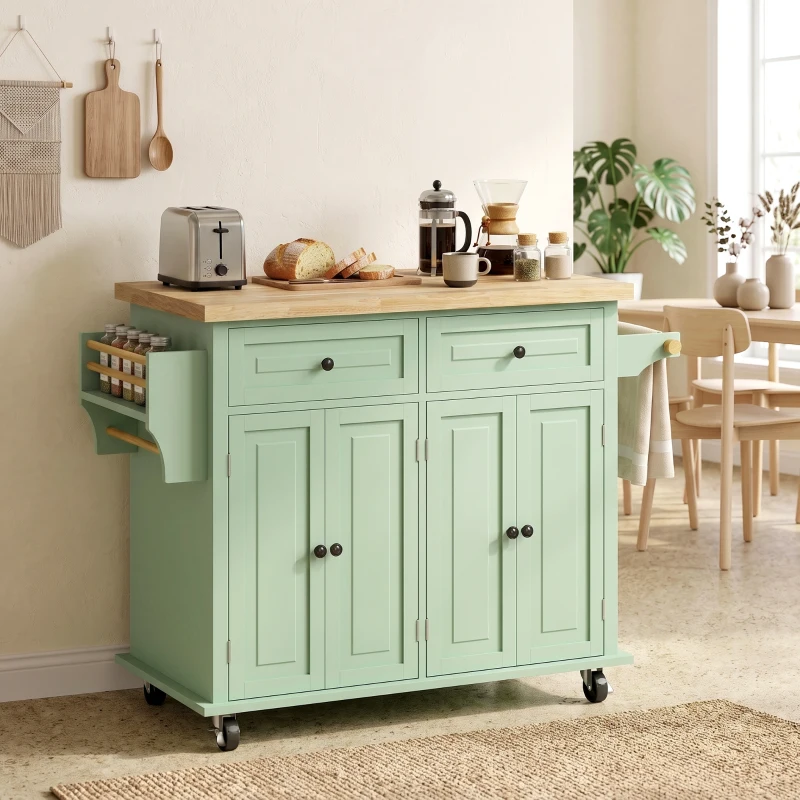 HOMCOM Rolling Kitchen Island Storage Trolley with Rubber Wood Top & Drawers for Dining Room, Light Green