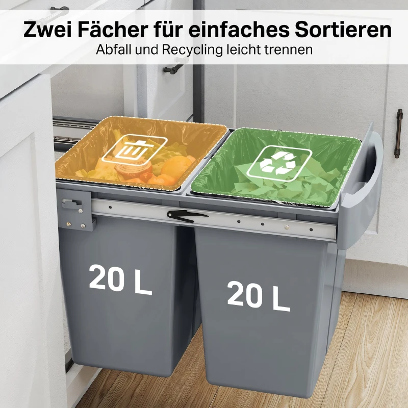 HOMCOM Coș de gunoi glisant sub chiuvetă pentru reciclare cu 2 găleți de 20L, 52x33.5x41 cm, Gri
