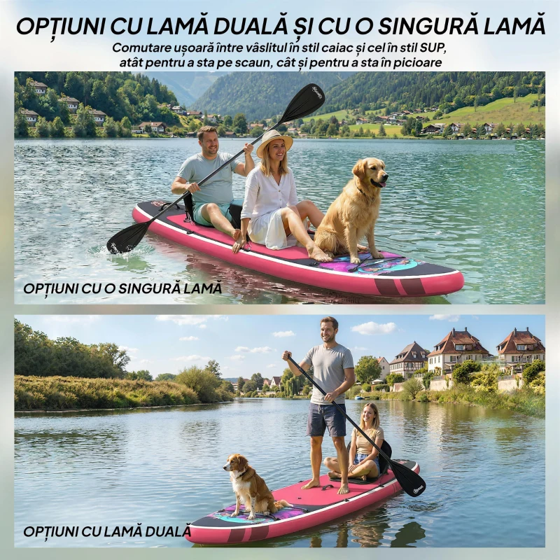Outsunny SUP gonflabil cu scaun, vâslă și accesorii, din plastic și EVA, 335x82x15 cm, albastru și roz