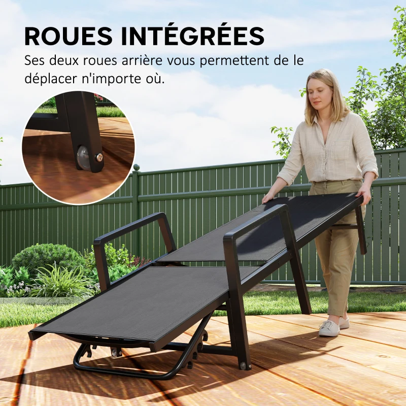 Outsunny Chaise Longue Jardin en Textilène et Aluminium, Réglable à 4 Positions avec Roues et Accoudoirs, 65x189x80cm, Gris Foncé