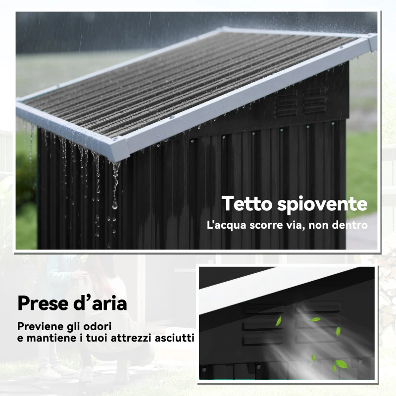 Outsunny Casetta da Giardino in Acciaio con Prese d'Aria e Porta Bloccabile, 107.5x91x185 cm, Grigio Scuro