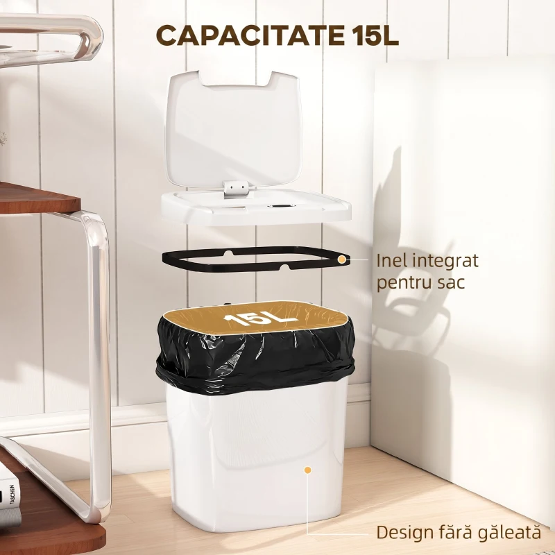 HOMCOM Coș de Gunoi cu Senzor Infraroșu 15L, 2 Moduri de Deschidere, Suprafață Anti-amprentă, Baie, Alb