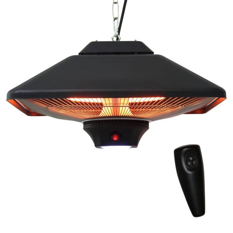 Outsunny Calefactor Exterior 1000/2000W Estufa Colgante de Techo Infrarrojos Halógeno con Control Remoto y Luz LED 43x43x25 cm Negro