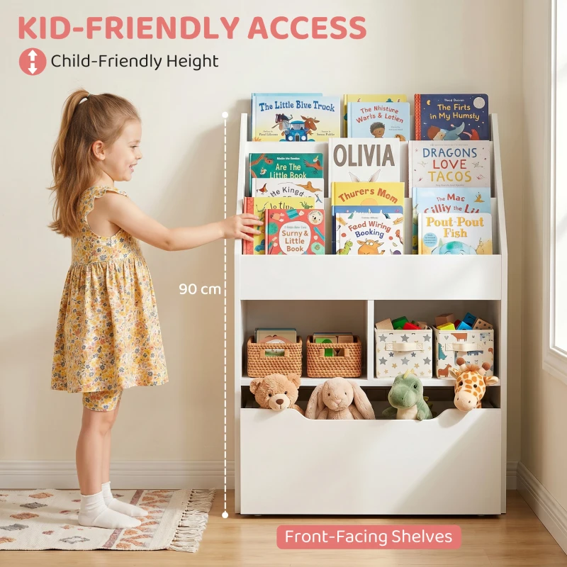 HOMCOM Kids Bookshelf, Toy Organiser, with Storage Drawer, Wheels - White